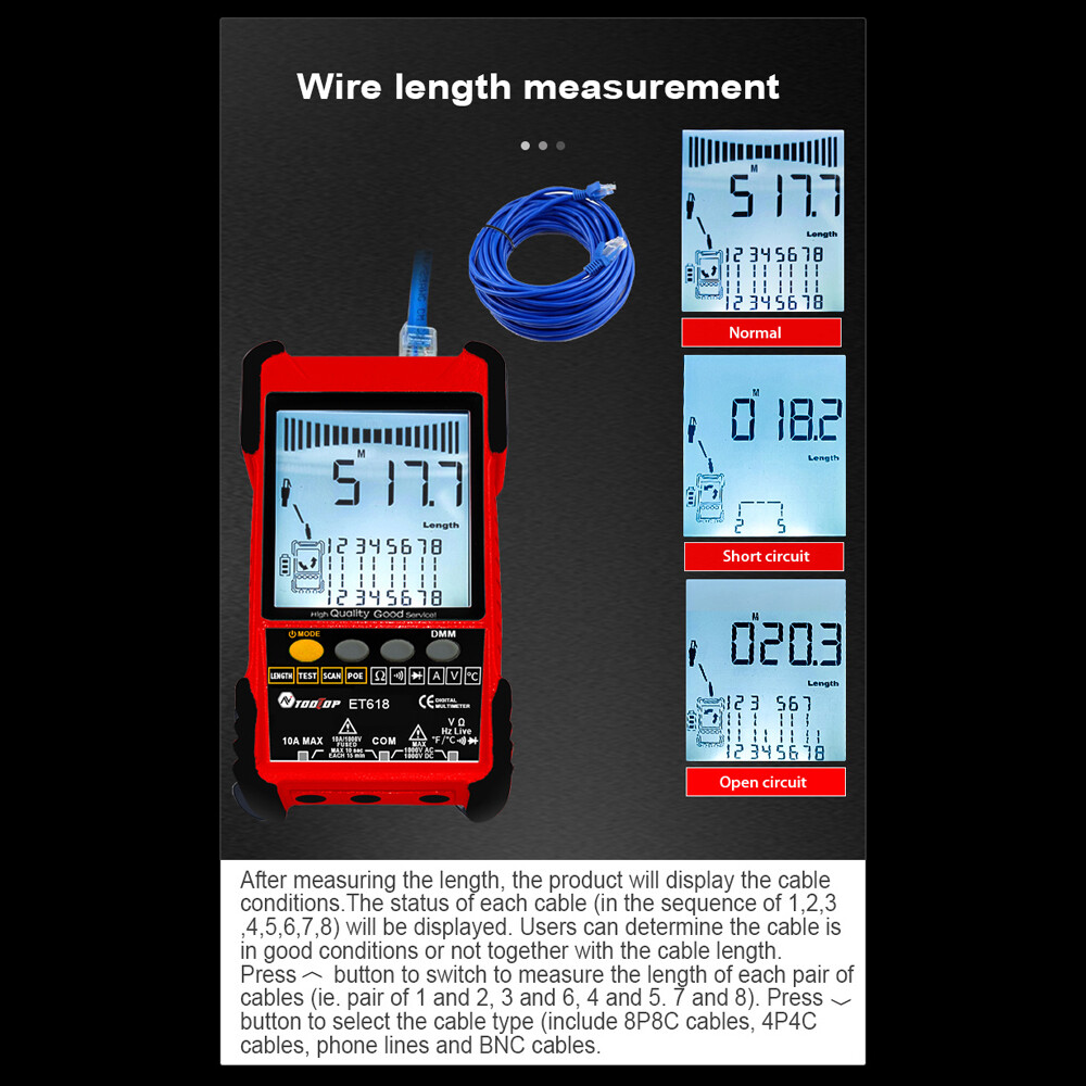 Fansline- TOOLTOP ET616 Handheld Portable Cable Tester with LCD Display Analogs Digital Search POE Test Cable Pairing Sensitivity Adjustable Network Cable Length Short Open Circuit Measure Trackers Multifunctional Cable Tester