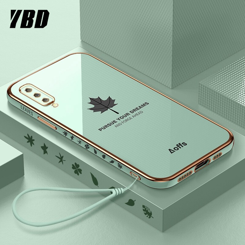 YBD Straight Edge Plating Phone case For Samsung Galaxy A7 2018 A750 Plus casing, Precise Camera Protection case a7 2018 Maple leaf pattern cover with Free lanyard