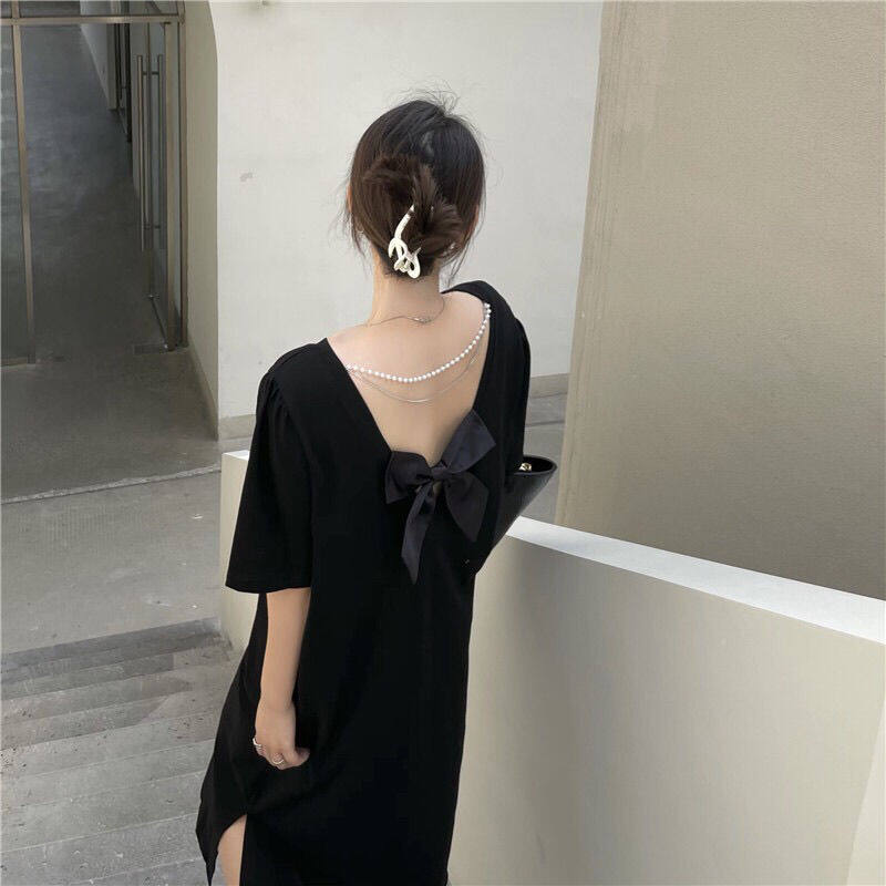 Pregnant Woman Dress Summer New Korean Version Loose Plus Size Design Bow Open Back Mid-length Slit T-shirt Maternity Dress Can Wear 150kg