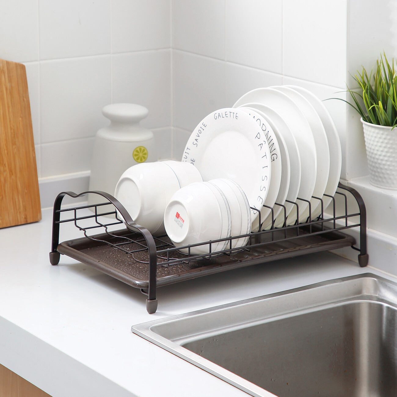 CNMF Iron Drain Rack Double-layer Dish Holder with Drain Tray Sink Tableware Storage Rack