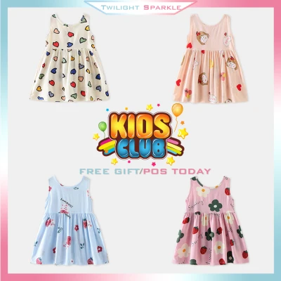 【TS】 Kids Dress Korean Princess Style Baby Girl Sleeveless Dress Baju Raya 2021 Cotton Silk Sweet Flower Print Girls Dress Ready Stock 1-7Years