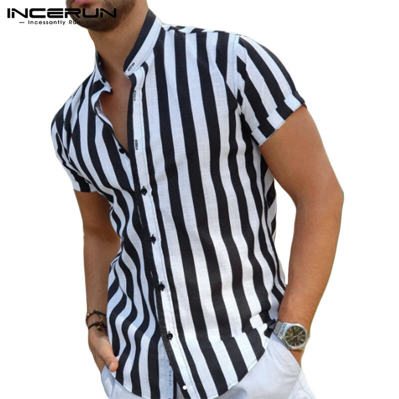 (Western Style) INCERUN Fashion Mens Short Sleeve Blouse Collarless Beach Holiday Tee Tops Shirt