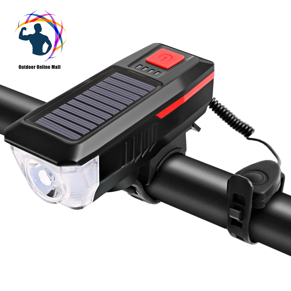 Solar / USB Charging Bike Light Bicycle Bell Horn Lamp Bike Flashlight Bike Front Light USB / Solar-Powered Rechargeable Waterproof Cycling Headlight with3 Lighting Modes 5 Sounds Fits Mountain Road Bike