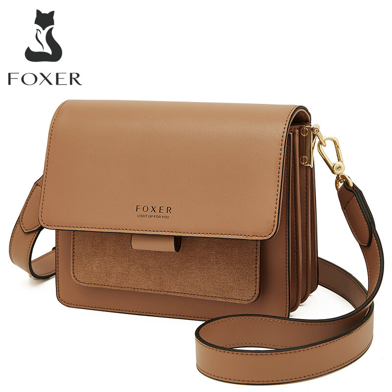 FOXER Young Women Fashion Cow Leather Cross body Shoulder Bag Large Capacity Lady Flap Purse Female Bag Gift for Girl Sling Bag