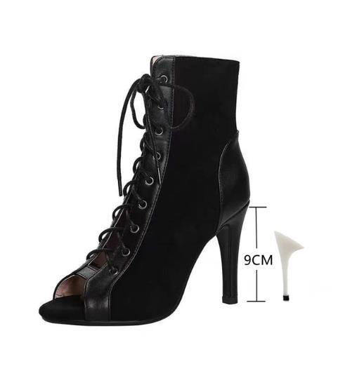 Sandals Heels Lace-Up 9CM Women's Shoes Summer 2022 Trend Black Peep Toe Boots Fashion Cloth Stilettos Jazz Dance Female