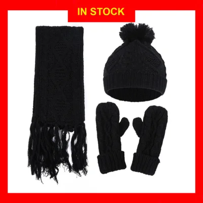 JUALAN HEBAT Women Ladies Winter Wooly Thick Knitted Pom Scarf Gloves Beanie Sets