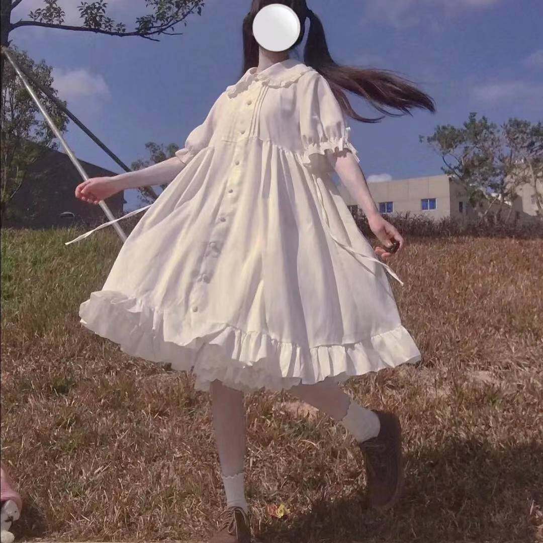 LKX198 Đầm Cổ Tích Nữ Mềm Mại Lolita, Phong Cách Nhật Bản Mùa Xuân Vòng Cổ Búp Bê Cô Gái Mềm Mại Đầm Diềm Xếp Nếp Buộc Dây, Nữ Dễ Thương