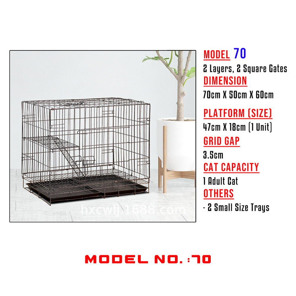 Foldable & Portable Wire Cat Cage / Crate with Wheels, Tray Sangkar