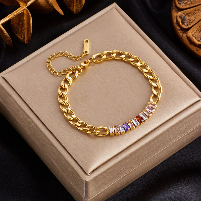 Yuki's Stainless Steel New Fashion Fine Jewelry 6mm Width Splicing Colorful Zircon Charm Thick Chain Bracelets For Women