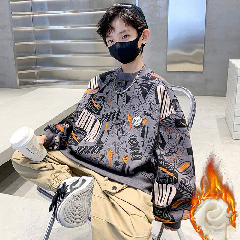 HOBIBEAR Boy's fleece sweatshirt children's handsome top Boy plush sweatshirt Fashion print sweatshirt Warm long-sleeved top