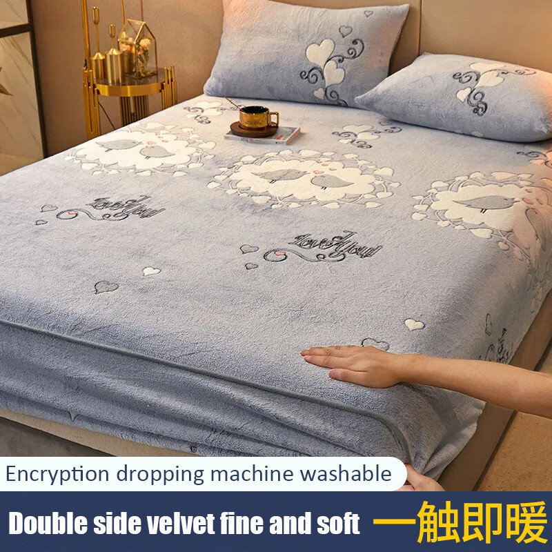 Flanged snowflake fleece bed cover single-piece full package new thick fleece bed sheet mattress cover Thicked Bedsheet Warm Fannel Velvet Fitted Sheet Bed Sheet with Elastic Bands