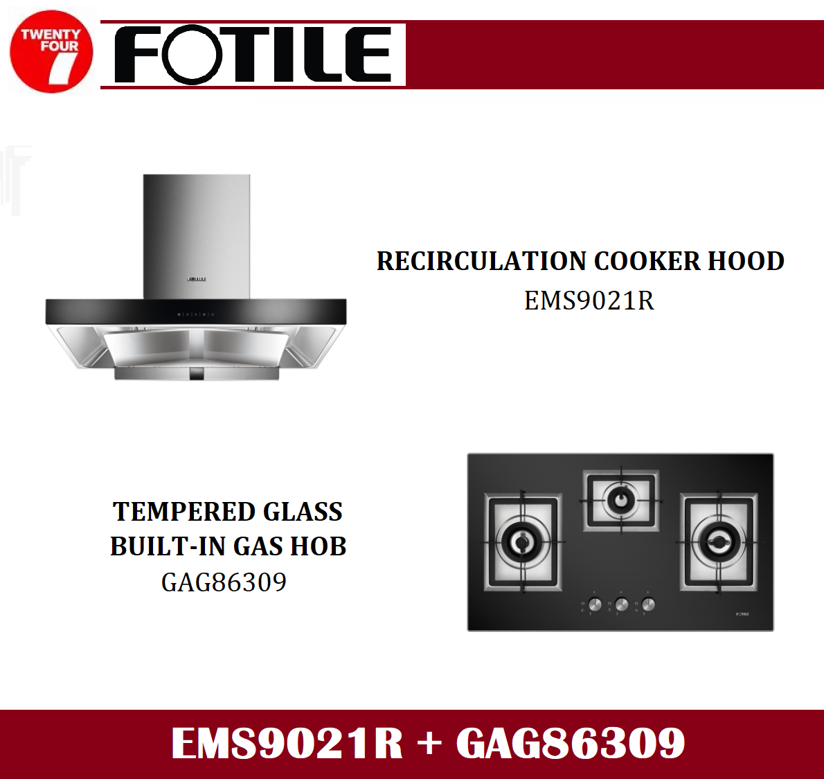 FOTILE Recirculation Cooker Hood EMS9021R + Tempered Glass BuiltIn Gas