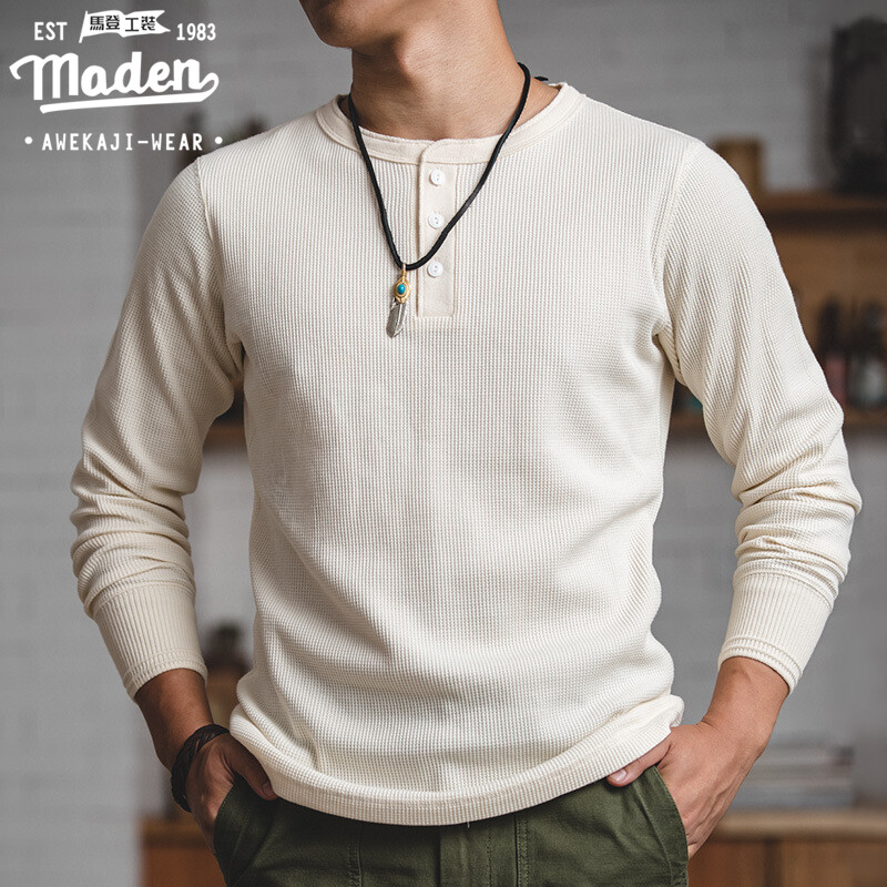 Maden brand tooling shirt 2024 new men Japanese and Korean style casual heavy waffle holly shirt retro long-sleeved solid color shirt