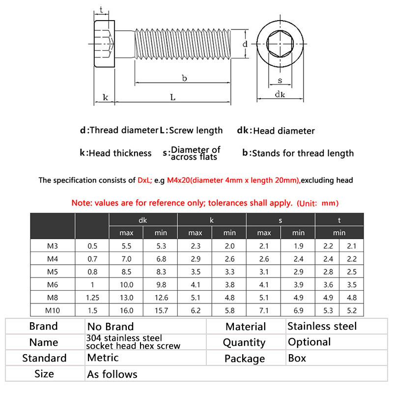 M3 M4 M5 M6 M8 M10 Stainless Steel 304 Hex Hexagon Socket Thin Head Bolt Screws Bolts Solid Fasteners Length 4mm-60mm Millimeters