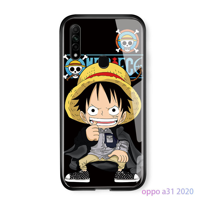 UCUC For OPPO A31 2020 Glass Phone Case Luxury Soft Edge Anime Luffy Glossy Casing Tempered Glass Shockproof Back Case Cover