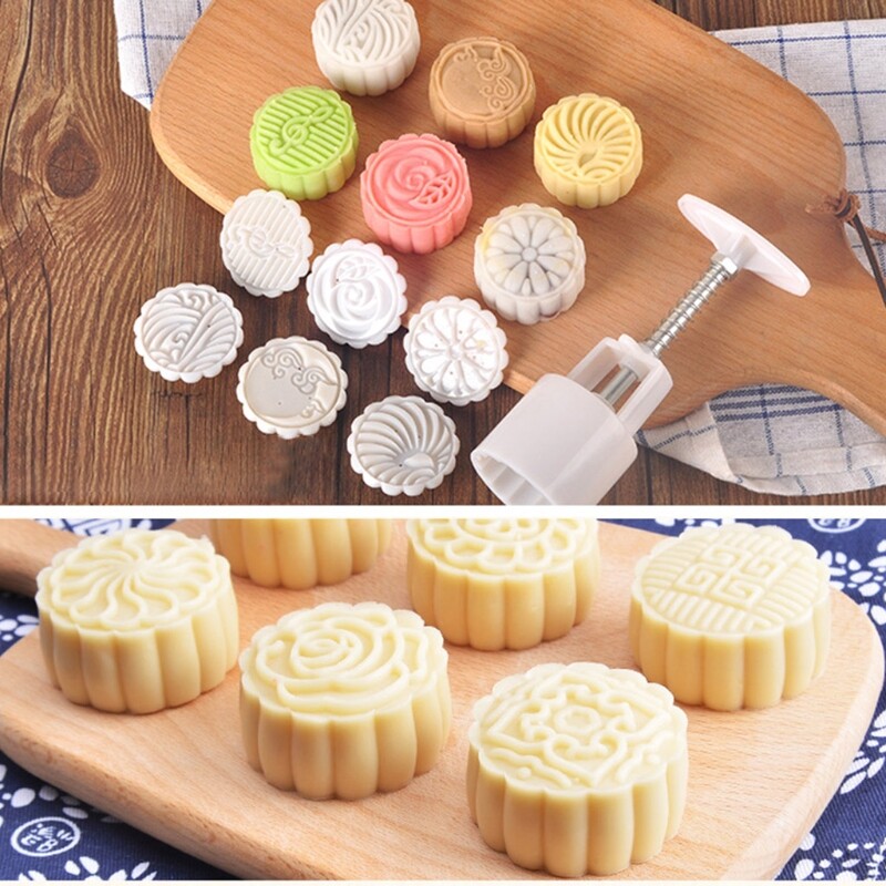 7Pcs Stamps 50g Round Flowers Moon Cake Mold Mould Pastry Mooncake Hand DIY Tool