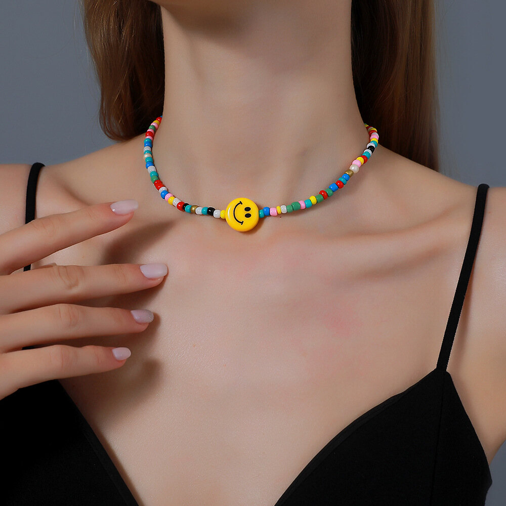 Korozo Jewelry DIY Cartoon Beaded Necklace Cute Colorful Smiley Face Beaded Necklace for Women