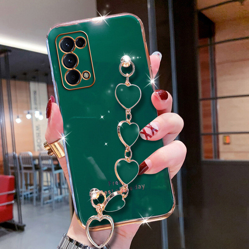 Precise camera protection case for OPPO Reno 5 5G Reno 5 Pro Reno 4 Casing Girly style plating Anti-drop cases with Cute love pattern bracelet