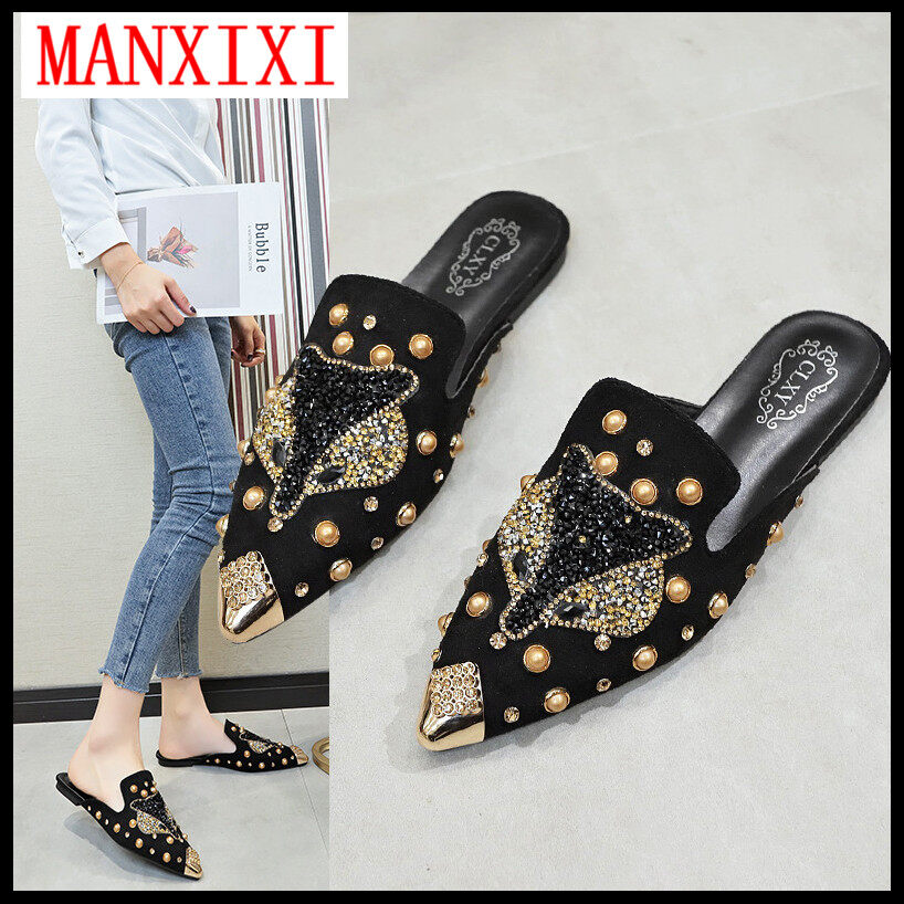 MANXIXI Brand Korean Version Flat Slippers Fashion Mules Shoes Beautiful Fox Pearl Inlay Sandals For Women (35-39 Size)