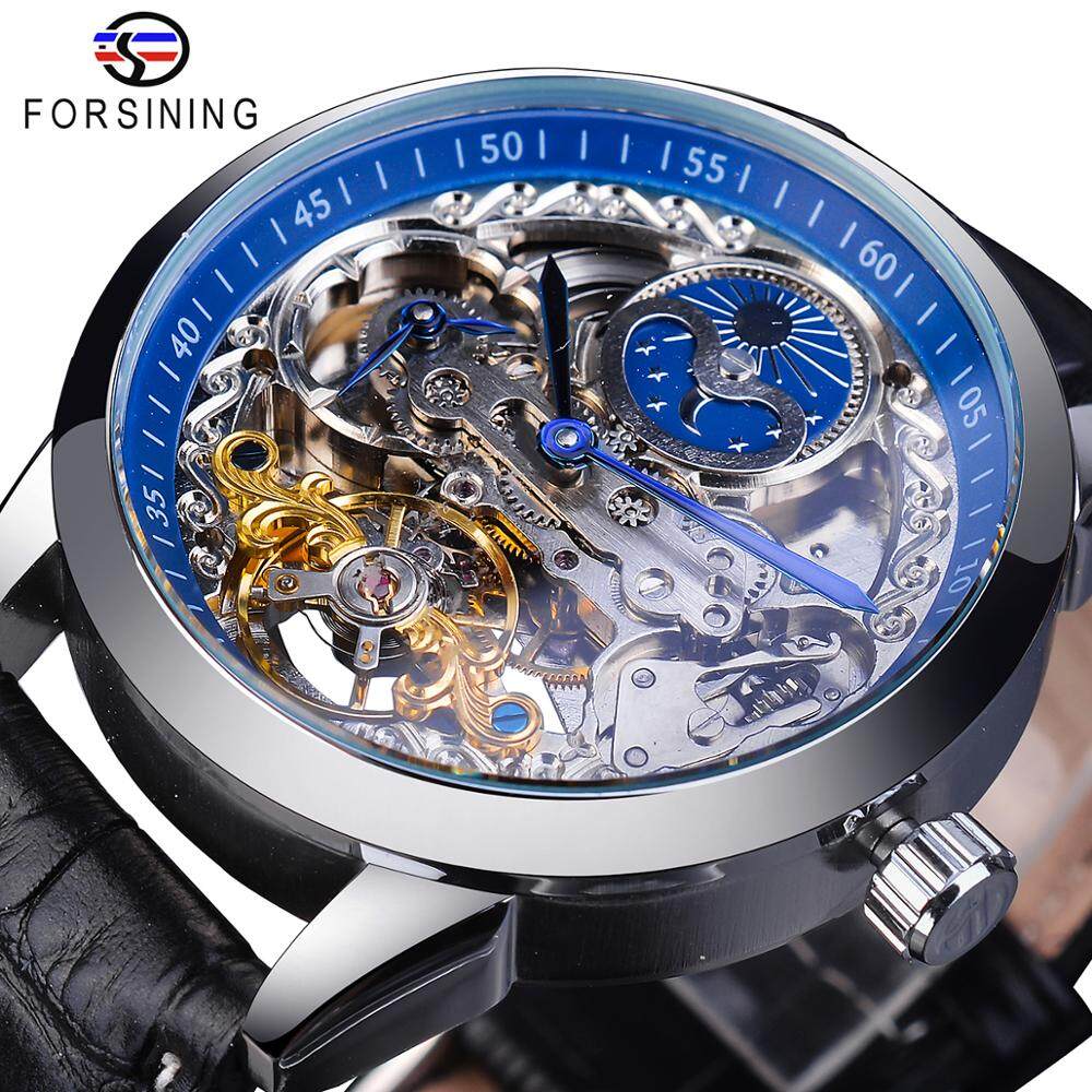 Forsining อัตโนมัตินาฬิกาสำหรับผู้ชาย Mechanical สายหนังสีดำ Skeleton นาฬิกาแฟชั่นเงินกันน้ำนาฬิกานักธุรกิจ. ของขวัญสำหรับชาย