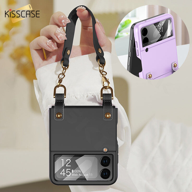 KISSCASE for Samsung Galaxy Z Flip 5 Case Luxury Handbag Camera Screen Glass Protector Phone Cover for Galaxy Z Flip 4 Flip4 Strap Hard Case