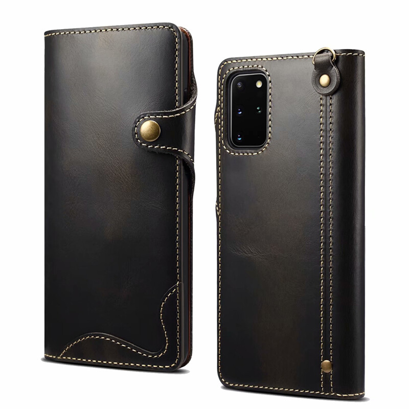 Genuine Leather Wallet Case for Samsung Galaxy S20 Ultra S20+ S20 Plus Soft Cover with Pocket Hand Strap
