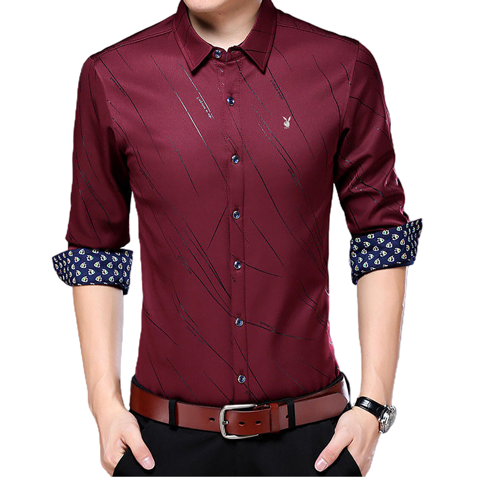 wenchengbo® Fashion Men Long Sleeve Turn Down Collar Letters/Stripes Print Buttons Shirt Top