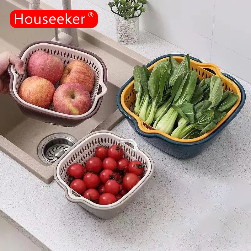 Houseeker Double-Layer Drain Basket Plastic Kitchen Household Fruit Vegetable Washing Drainer Box Washing Basin Storage Container