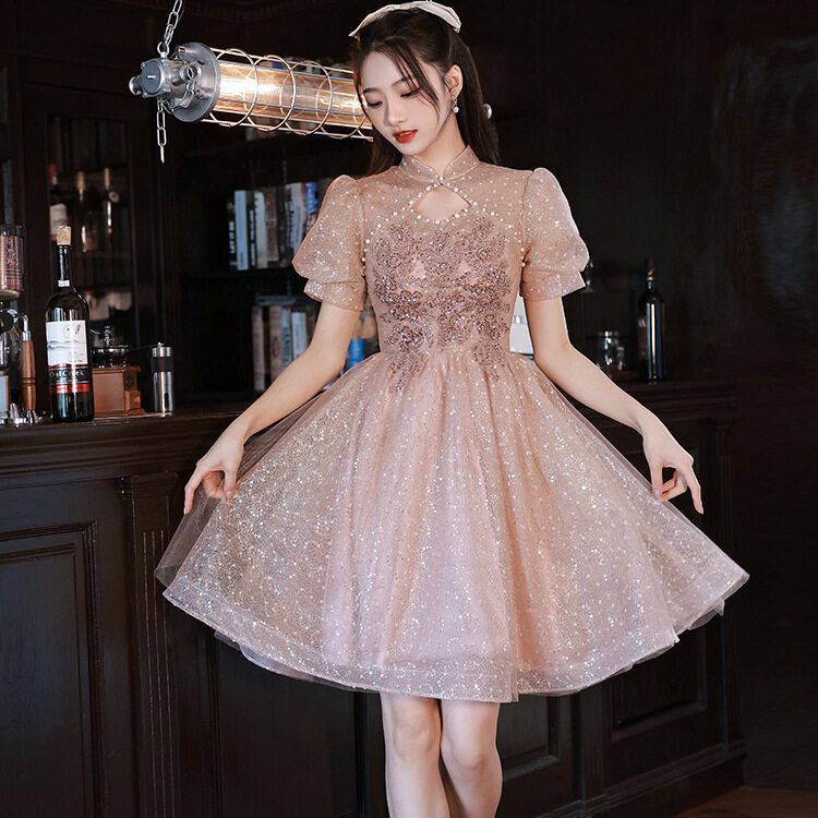 js prom dress design mermaid glitter dress Luxury Pink Sequined Mermaid Crystal Prom Dress RM061