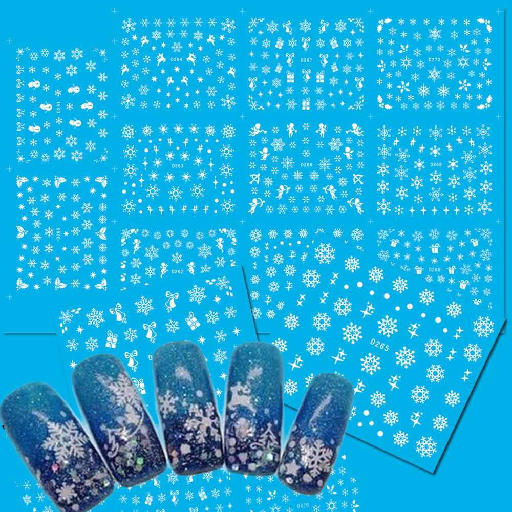11 Sheets/set 3D Nail Sticker Christmas Theme Pattern Mixed Deer/Snowflake Nail Tips DIY Decoration Sticker White Blue Xmas Reindeer Feather Self-adhesive