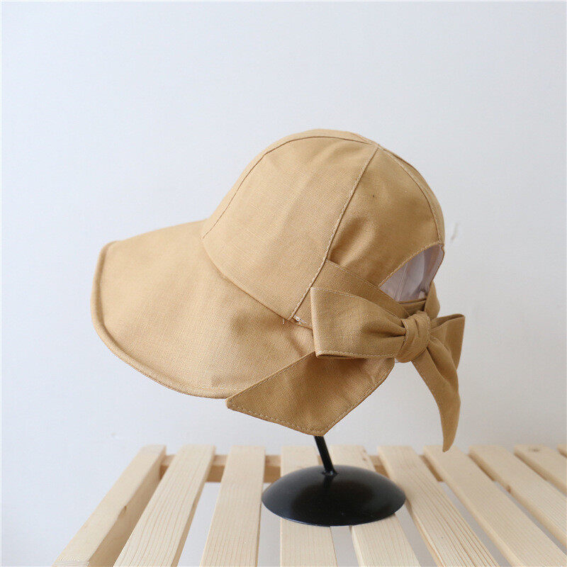 Summer Women Bow Sun Hat Big Wide Brim Bucket Hat Soft Cotton Linen Bowknot Outdoor Beach Panama Anti-UV Foldable Fisherman Cap