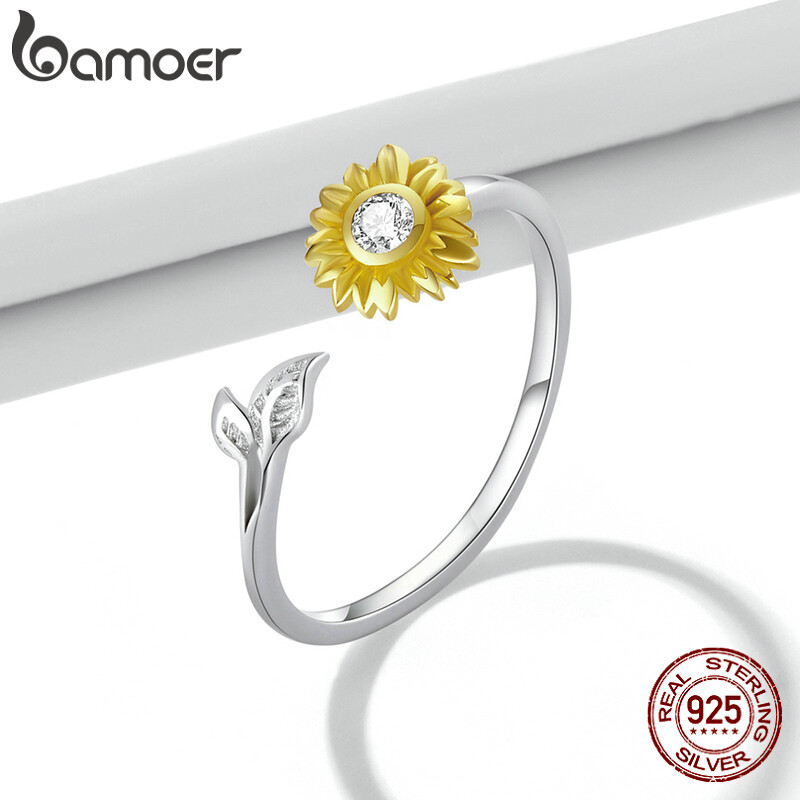 BAMOER 925 Sterling Silver Sunflower Open Ring Crystal Golden Sun