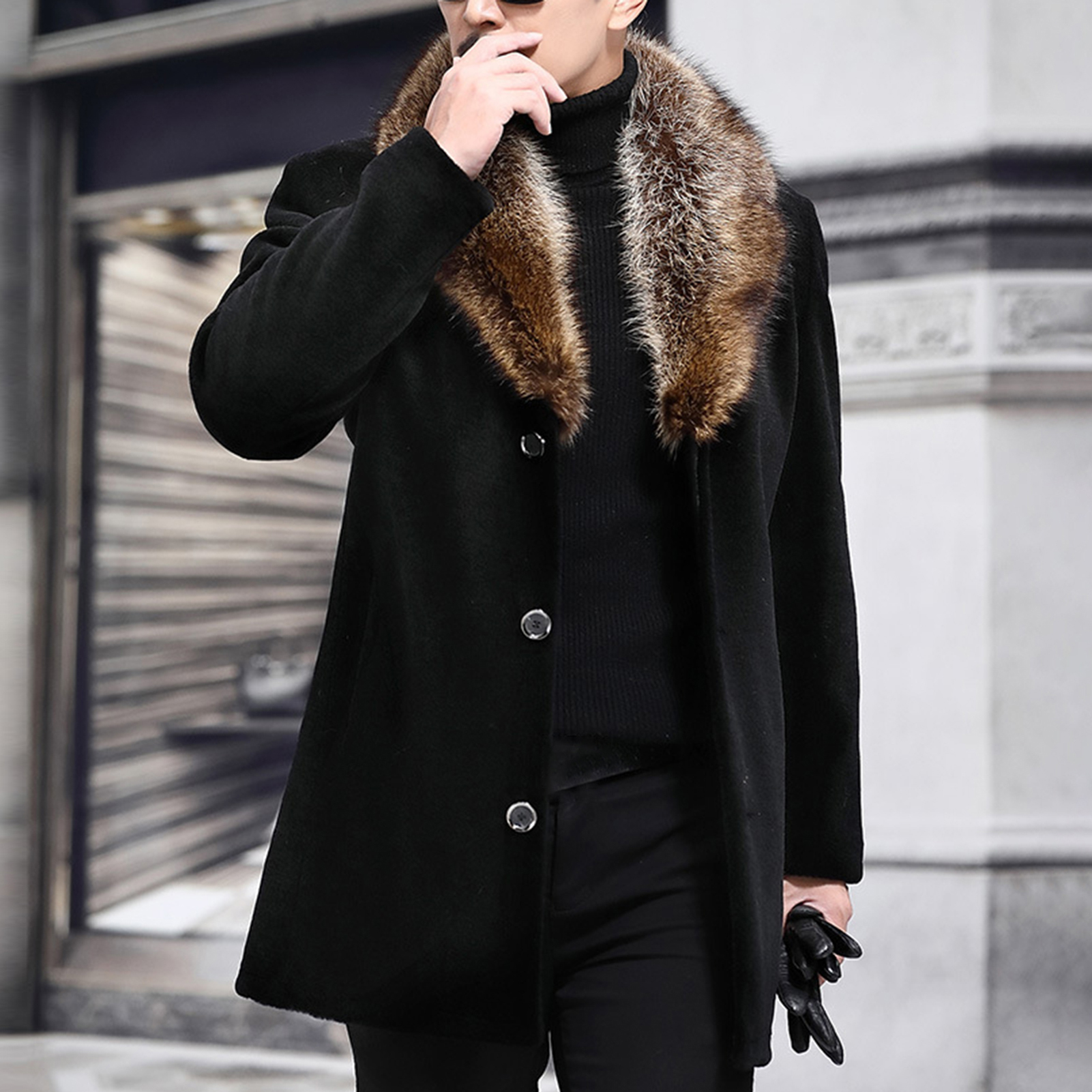 Yitu Men Woolen Coat Faux Fur Collar Solid Color Single-breasted Slim Fit Coldproof Top Outwear Autumn Winter Windbreaker Jacket for Daily Wear Stylish Men Outwear