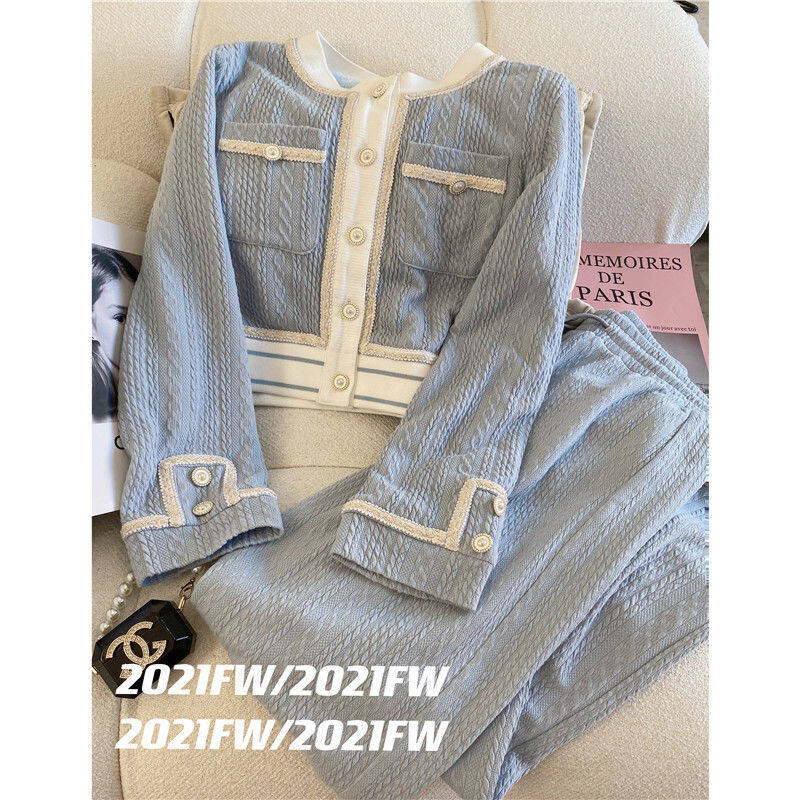 2Pc Solid Color Loose Top Broad Leg Pants Set Women 2023 New Spring and Fall Temperament Cardigan Pants Two-piece Set for Ladies