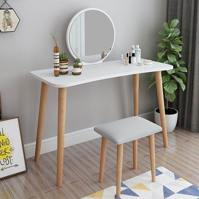 Vanity Set, Dressing Table with Round Mirror and Stool, Wood Legs, Easy Assembly