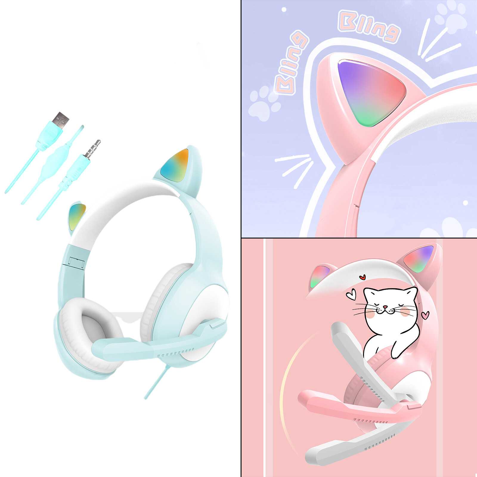 Baoblaze USB Cat Ear Surround Sound Wired Headset with Mic Noise Canceling for PC Games Laptop