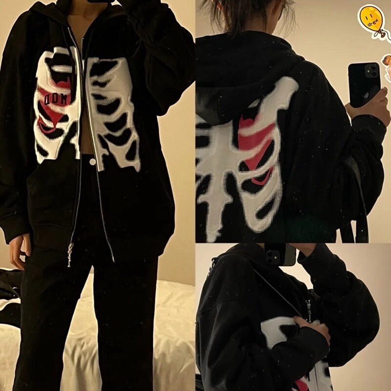 E-girl Korean Style Oversize Sweatshirt Coat Women Autumn Zip Up Long Sleeve Loose Hoodies Harajuku Streetwear Gothic Clothes