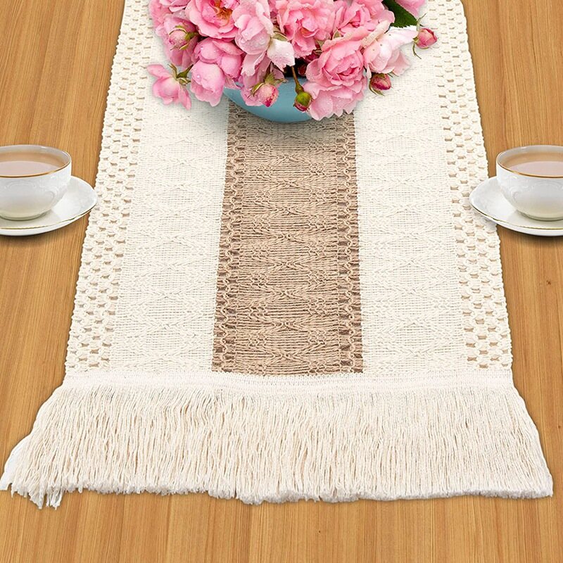 Farmhouse Boho Table Runner, Stitching Edge Handmade Crochet Bohemian Style, Suitable for Dining Table Decoration