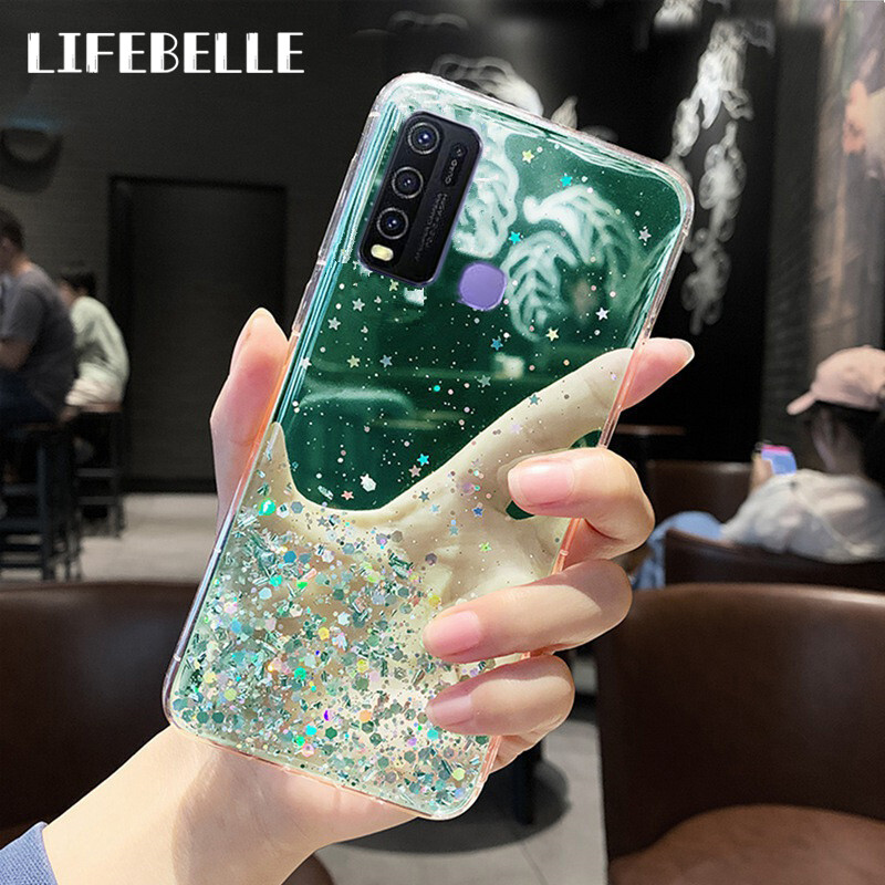 LIFEBELLE For Vivo Y30 / Y50 Case, Women Luxury Fashion Glitter Star Foil Sparkle Phone Case Clear Flexible Soft Rubber TPU Bumper Bling Protective Casing Back Cover