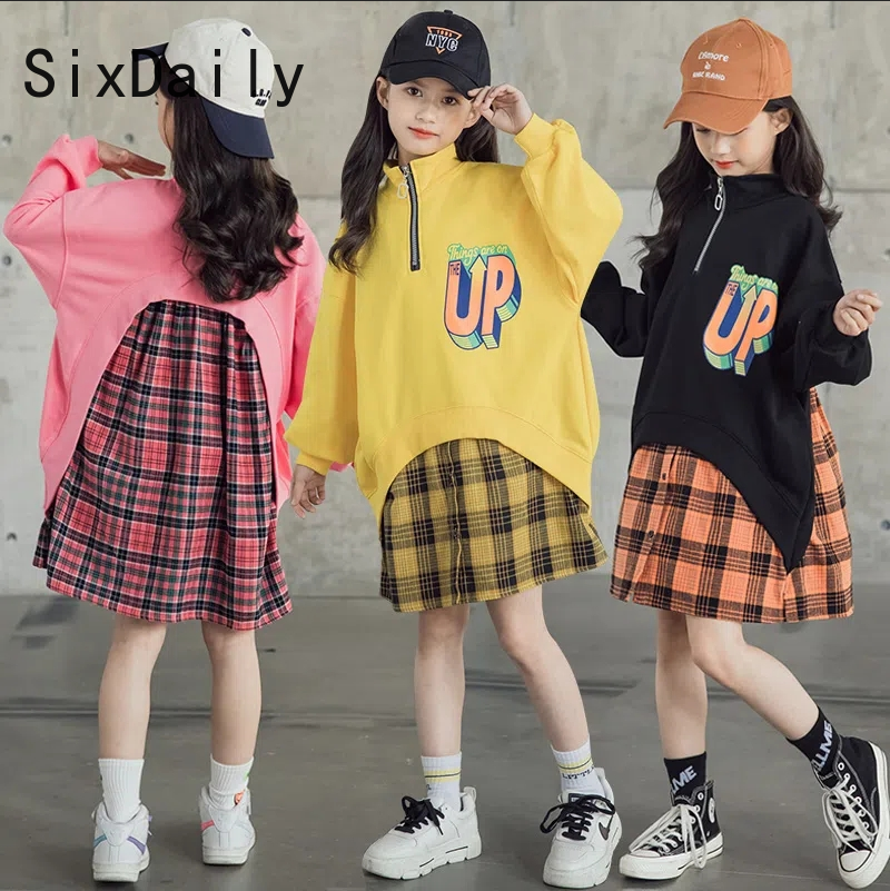 SixDaily Spring and Autumn Girl Korean Version Long Sleeve Fake Two Plaid Dress Sweatshirt Princess Dress 130-170 D0398