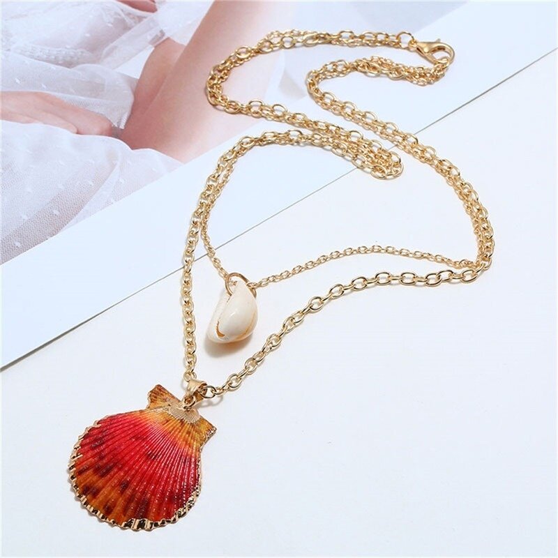 Charms Sweater Chain Shell Necklace Red Boho Bohemian Jewelry Trendy Womens Necklaces