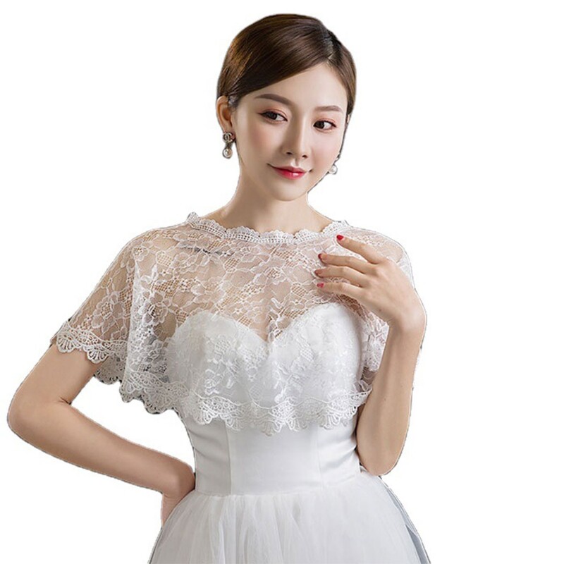 Women Embroidery Floral Lace Shawl Wrap Wedding Bridal Bolero Cover Up See-Through Prom High Low Shrug Cape Tulle Jacket