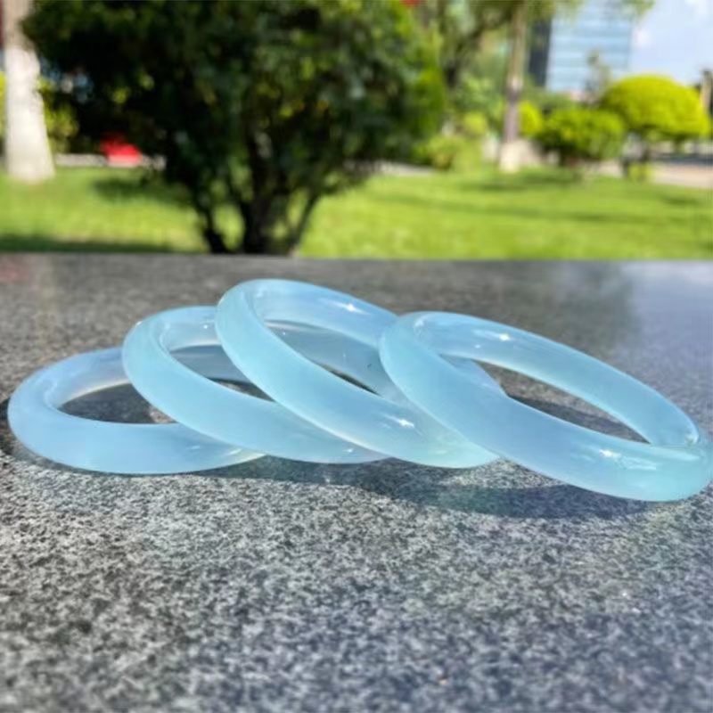 Natural Ice Sky Blue Agate First Thick Round Bar Bangle Light Blue Chalcedony Agate Bracelet Fat Round Bar
