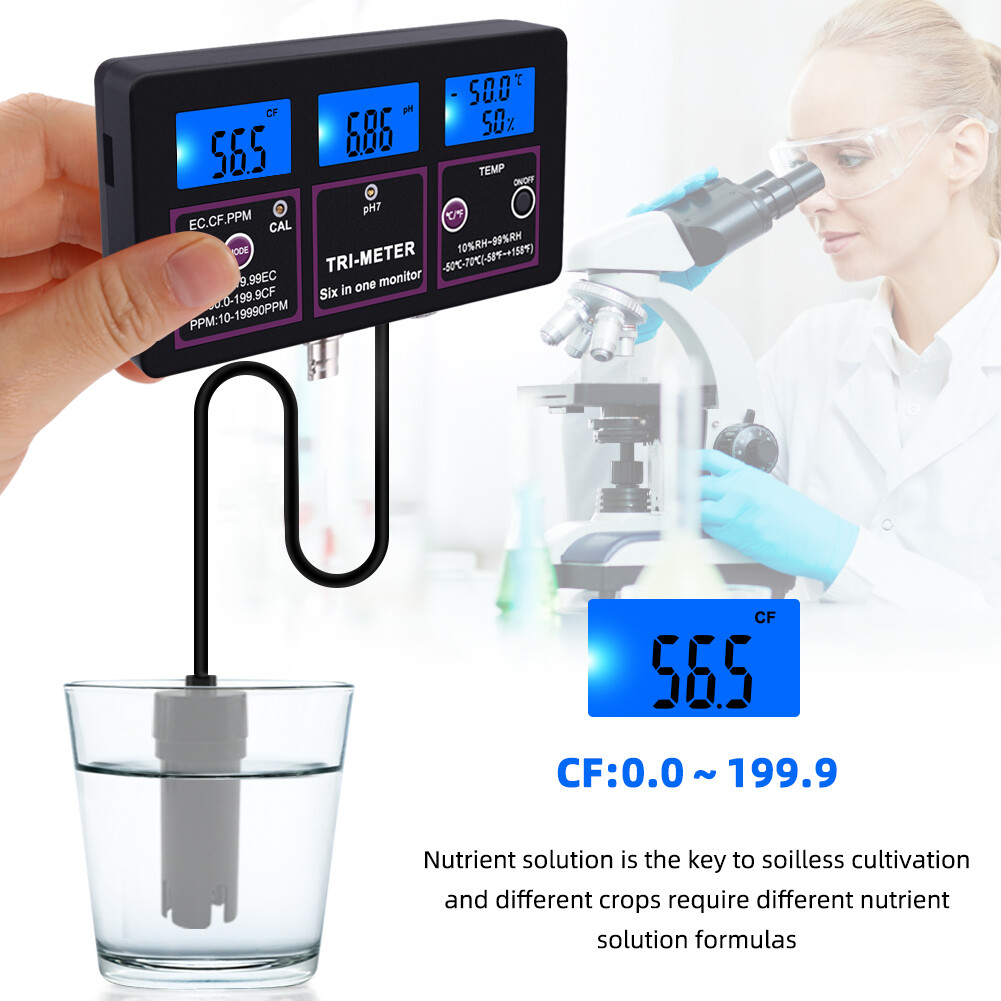 Yieryi Máy Kiểm Tra Chất Lượng Nước 6 Trong 1 Mới Máy Đo Độ PH, Bể Cá Đa Tham Số PH/Nhiệt Độ/EC/CF/RH/TDS