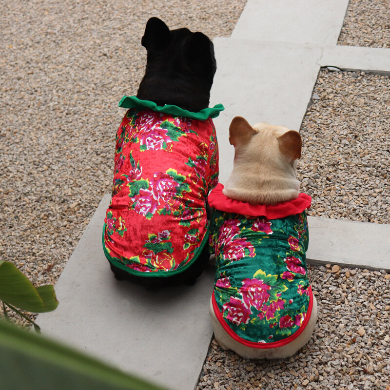 DY LOVING 2 Colors Pet Plus Velvet Shirt Chinese Characteristic Dog Clothes Petal Collar Dog Cat Coat for French Bulldog Chihuahua
