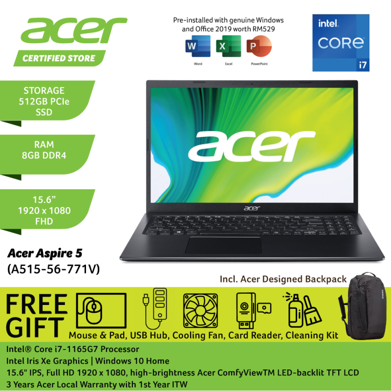 Acer Aspire 5 A515-56-771V 15.6 FHD Laptop Charcoal Black ( i7-1165G7, 8GB, 512GB SSD, Iris Xe, W10, HS ) Malaysia