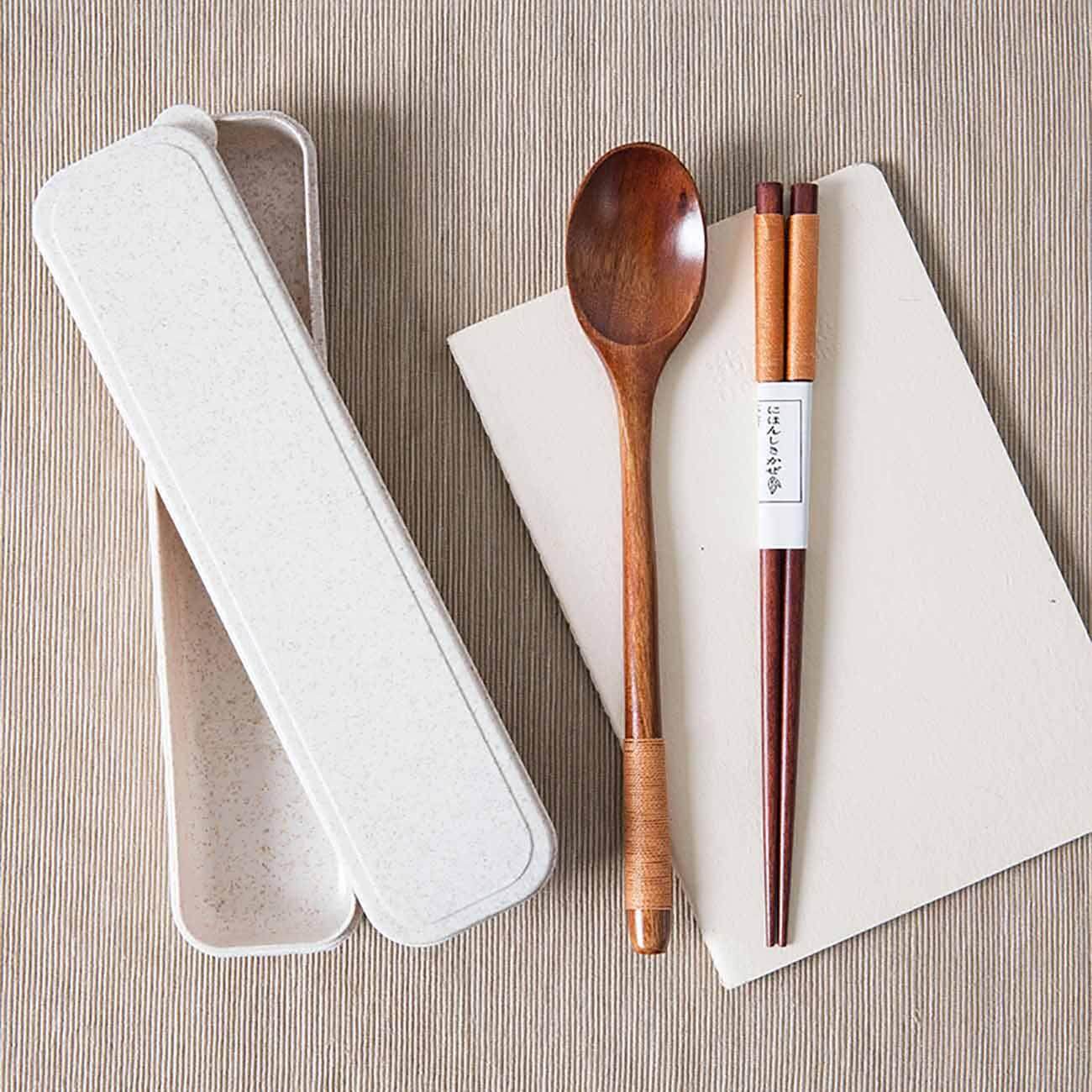 Homenhome Gỗ Bộ 3 Thìa Ăn Uống (1 Chiếc Thìa + 1 Đôi Đũa + 1 Cái Chén Ăn Hộp)