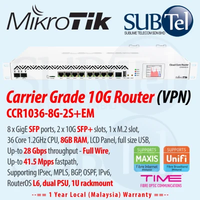 Mikrotik CCR1036-8G-2S+EM (Rev. 2) CCR1036-8G-2S+EMr2 Carrier Class Gigabit Router 10 port 8Gb RAM 36core 10G SFP+ slots VPN BGP MPLS PPPoE OSPF IPv6 IPSec encryption 1U Rackmount