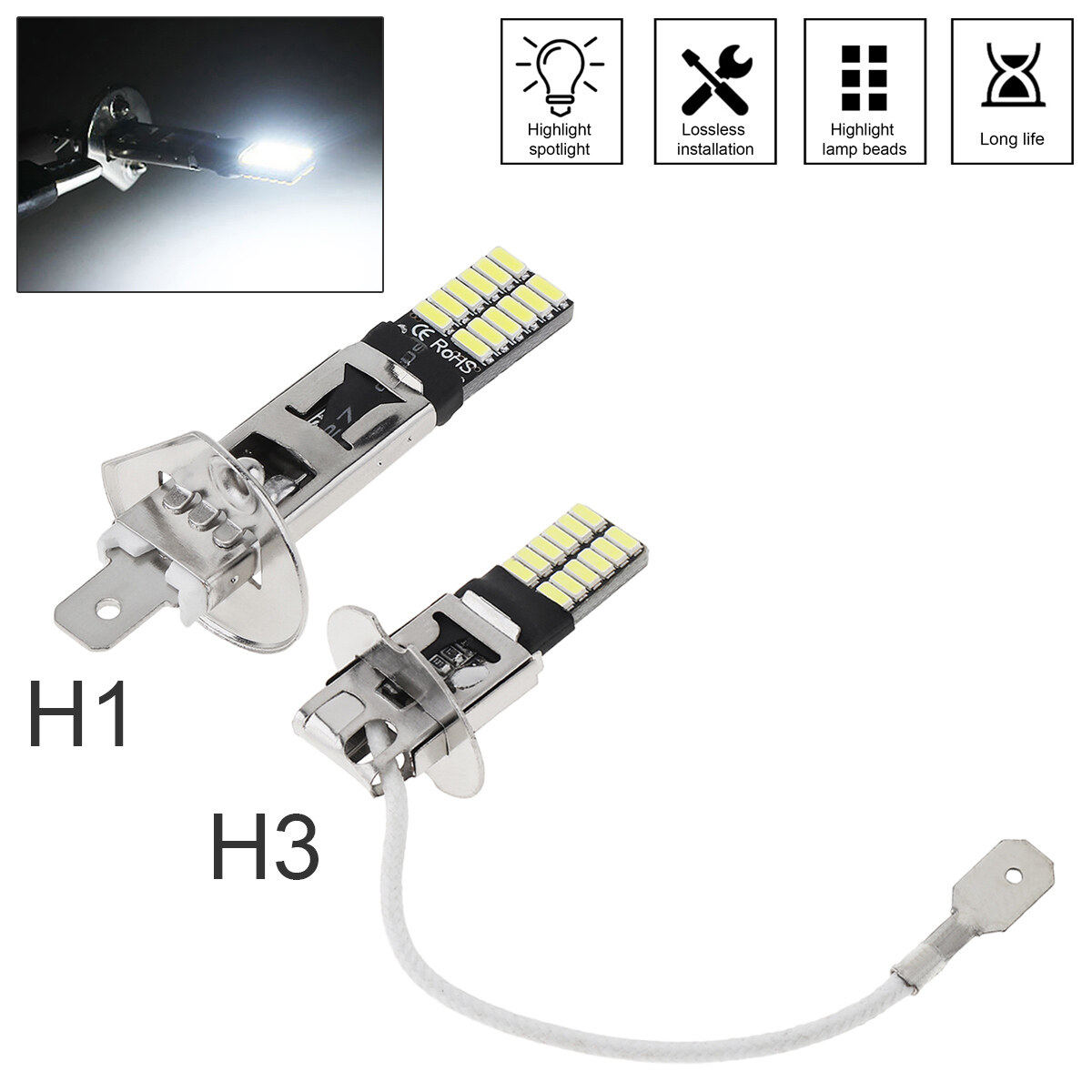 H1 H3 12V 6000K  Super Bright LED Bulb Car Fog Light Headlight 4014 24SMD Running Light Auto Motorcycle Lamp
