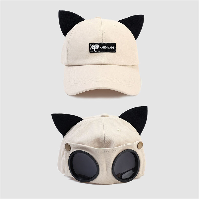 Multifunctional Glasses Baseball Hat Cute Cat Ears Aviator Glasses Baseball Hat Sunglasses Peaked Cap Reverse Wear Snapback Cap for Women Men